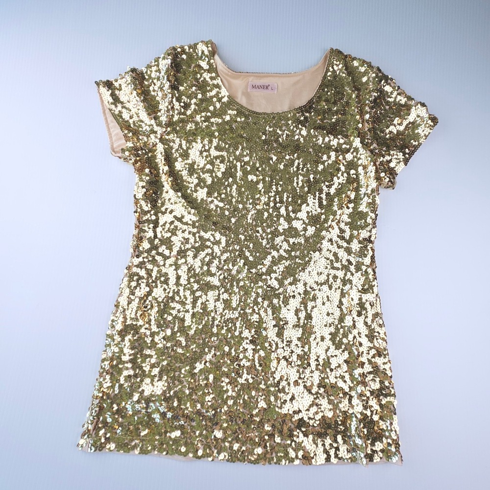 MANER Gold Sequin Short Sleeve Top Size L Glam New Years Eve Holiday Disco Party